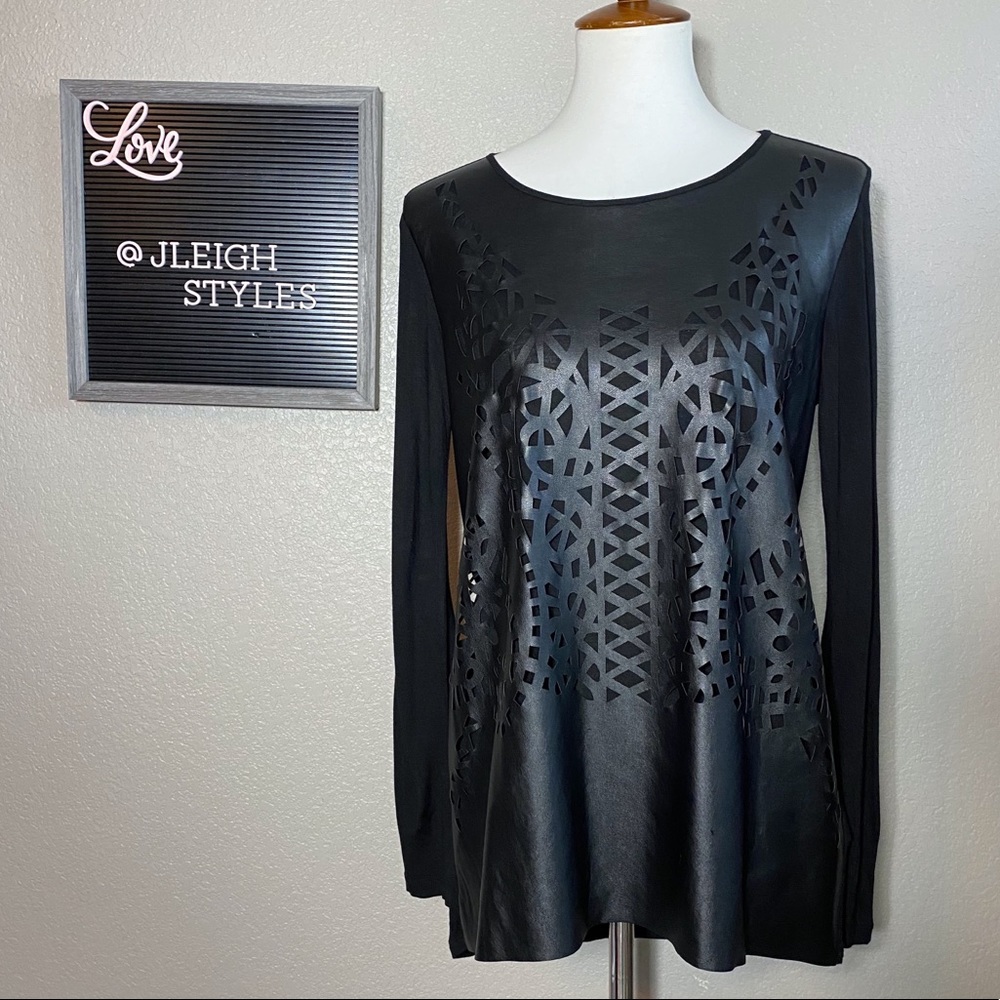 Tribal Black Faux Leather Geometric Laser Cut Long Sleeve Top Sm